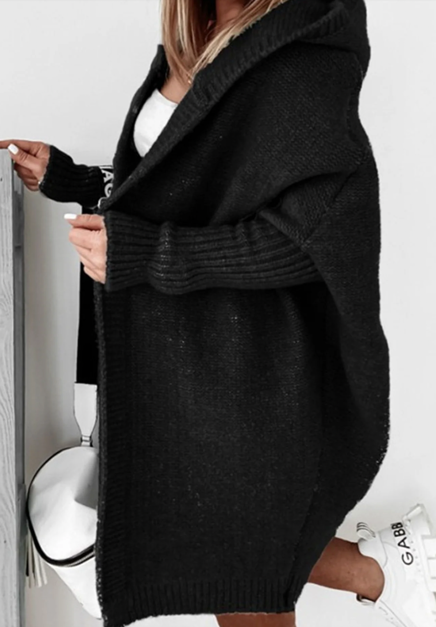 Women's casual bat sleeve hooded knitted cardigan sweater