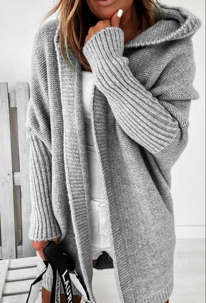 Women's casual bat sleeve hooded knitted cardigan sweater