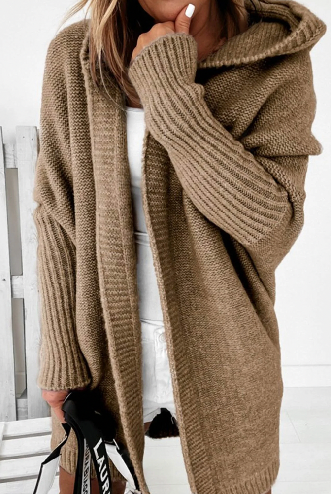 Women's casual bat sleeve hooded knitted cardigan sweater