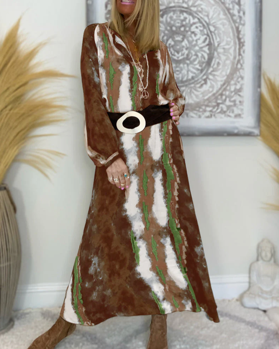 Women's stylish maxi dress with pattern and belt
