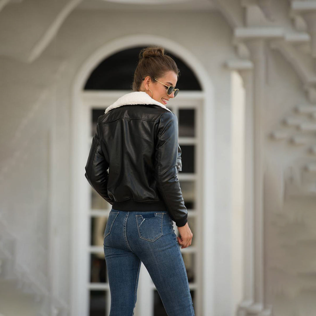Stylish winter black PU leather jacket for women with wide lapel