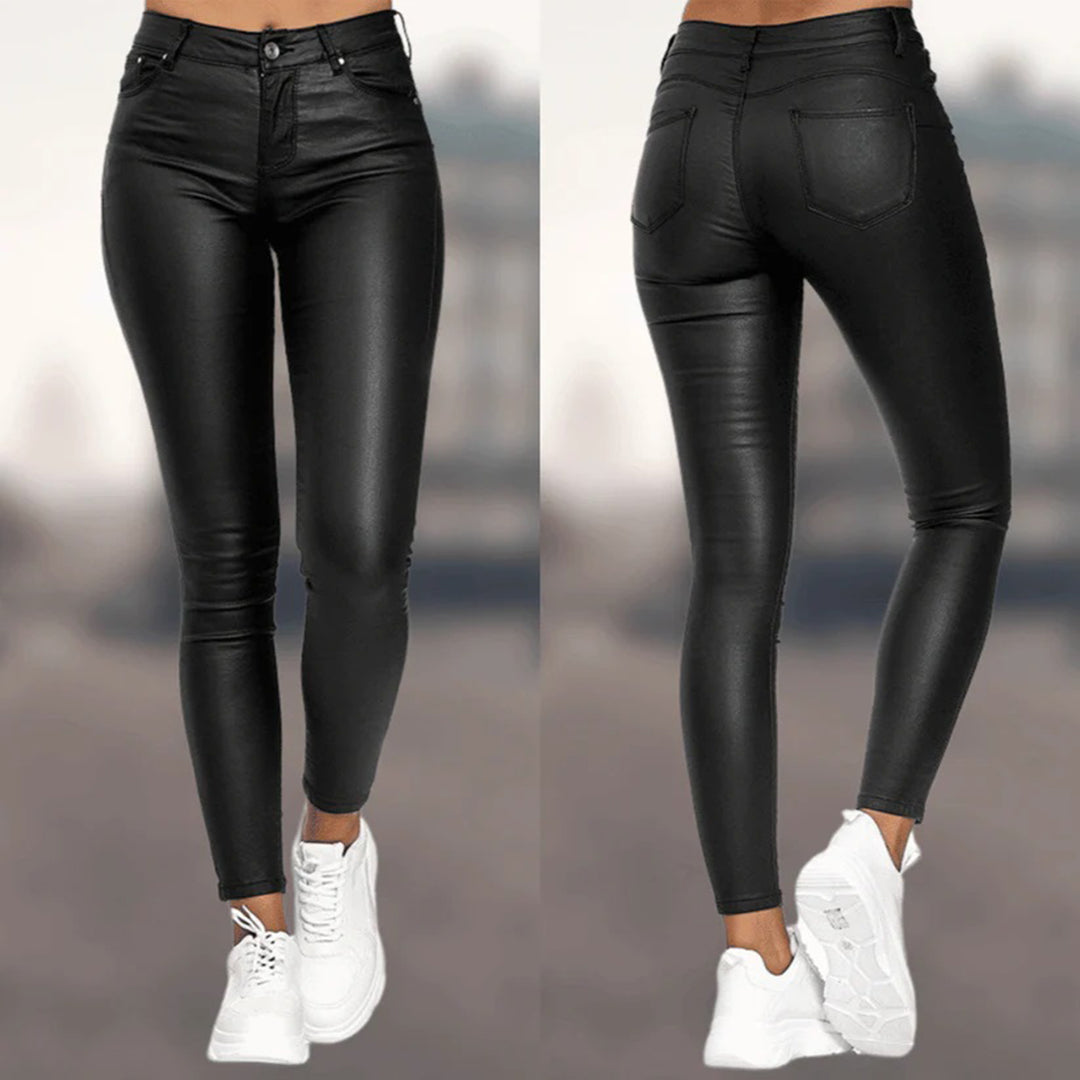 Women’s Faux Leather Leggings - High Waisted - Slim Fit - Full Length with Pockets