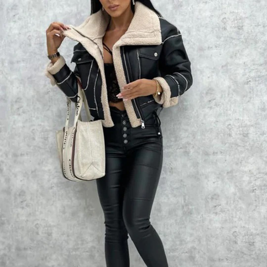 Women's wool-like short motorcycle zipper jacket