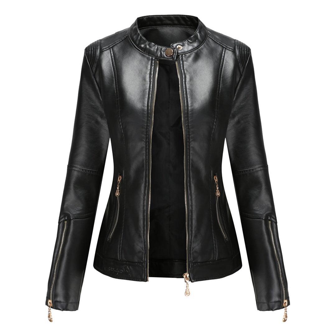 Women's leather short jacket with stand collar