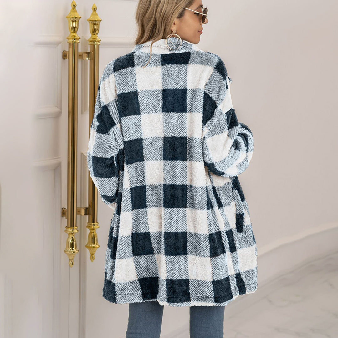 Women's plush plaid midi-length button-down coat