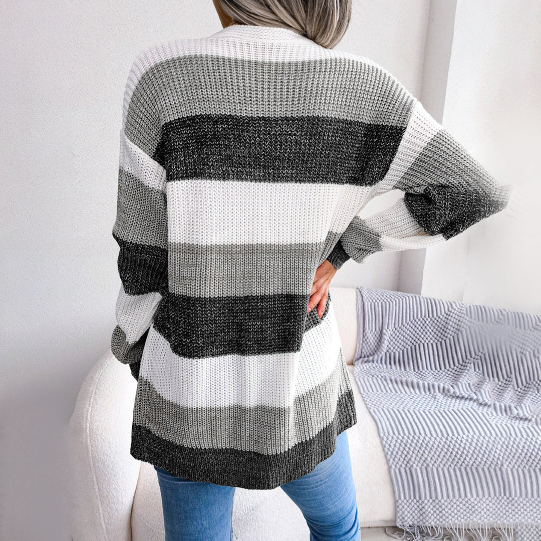 Women's autumn winter contrast color striped lantern sleeve cardigan