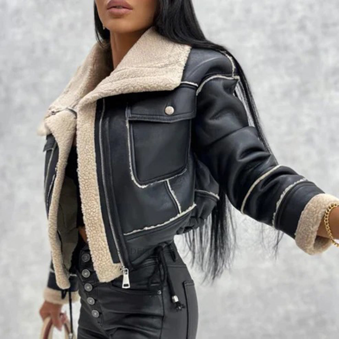 Women's wool-like short motorcycle zipper jacket