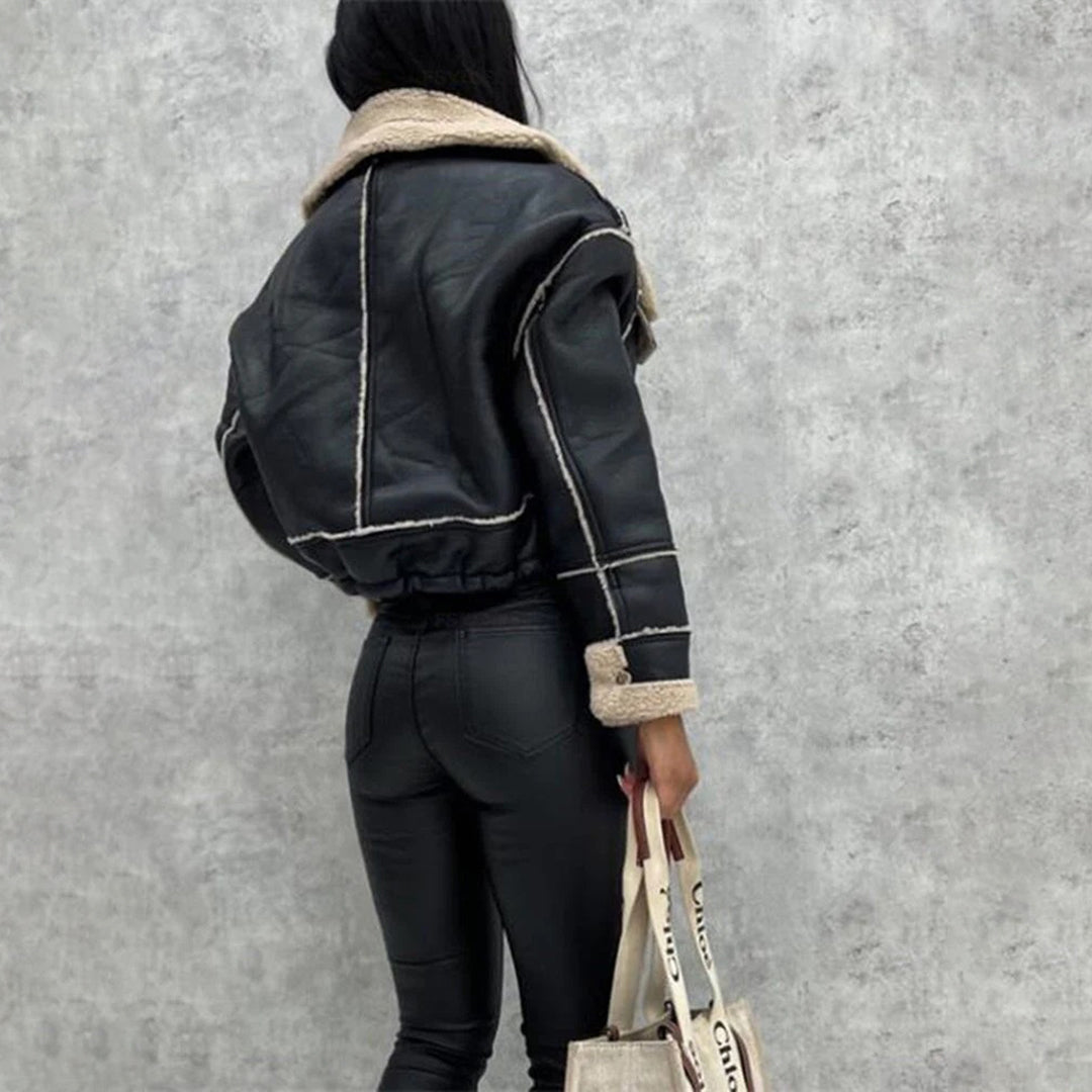 Women's wool-like short motorcycle zipper jacket