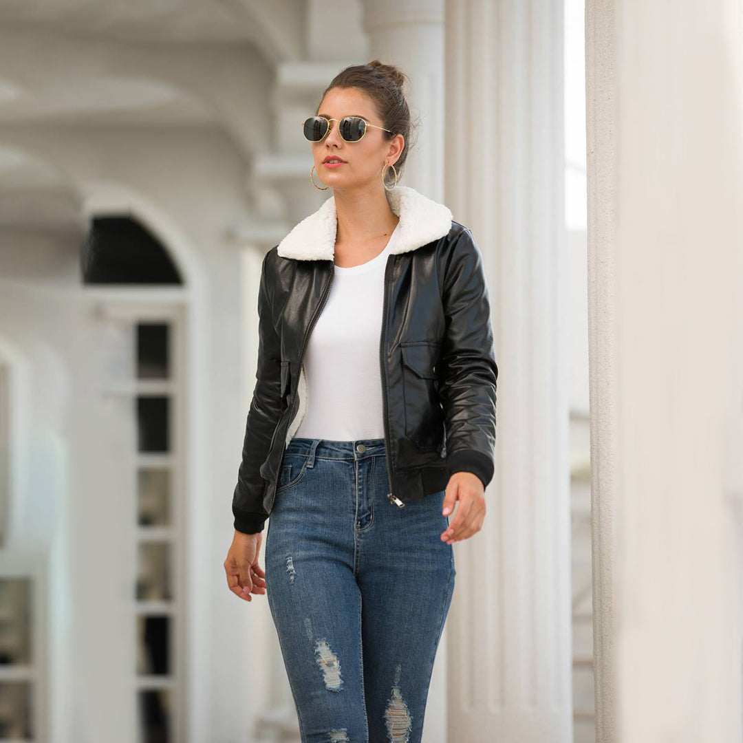 Stylish winter black PU leather jacket for women with wide lapel
