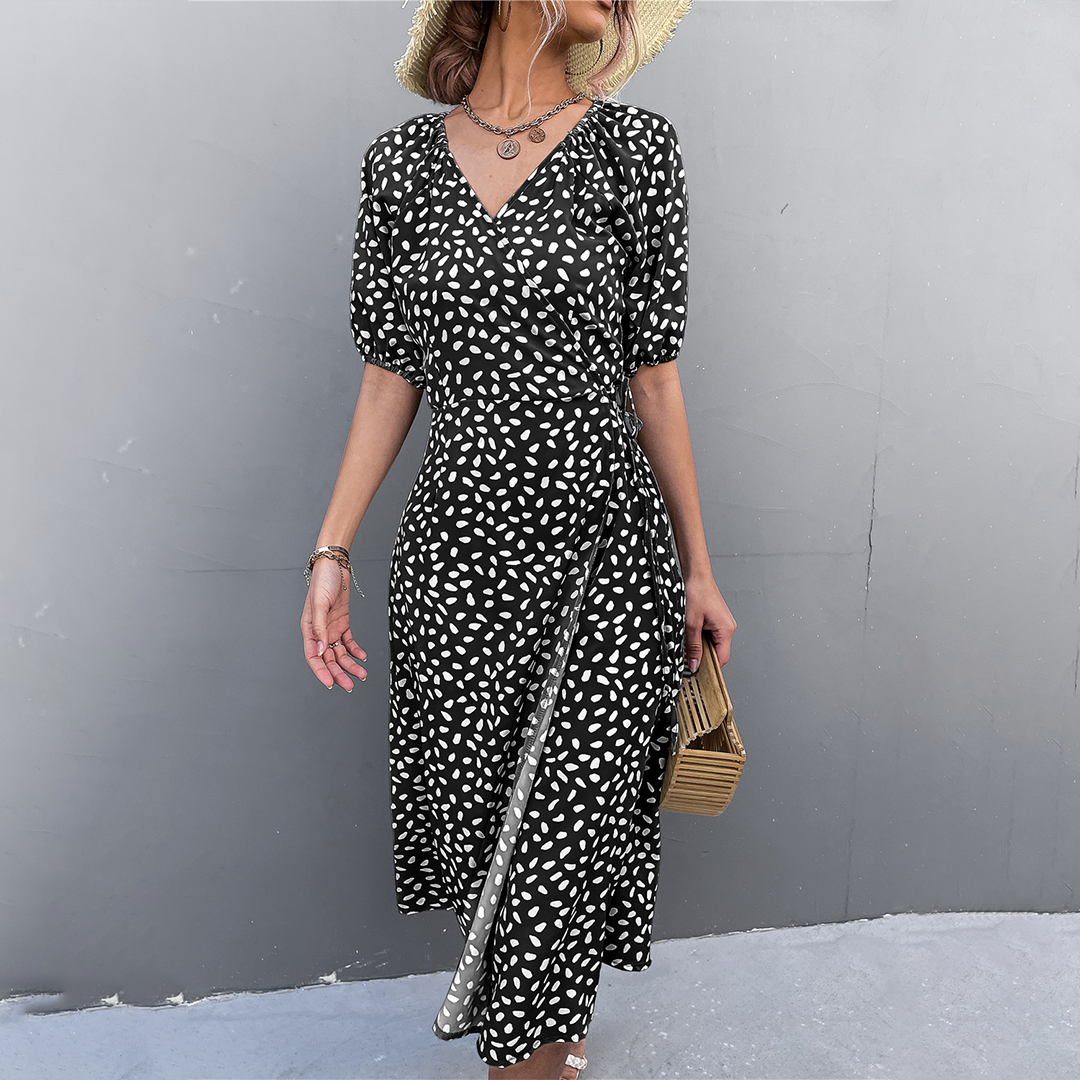 Women's Wrap Dress - Polka Dot Print - Midi Length - Puff Sleeve Elegant Fit