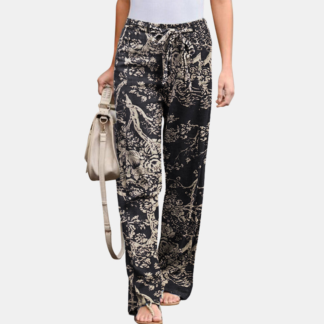 Women's Casual Pants - Floral Print - Relaxed Fit - Drawstring Waist - Lightweight