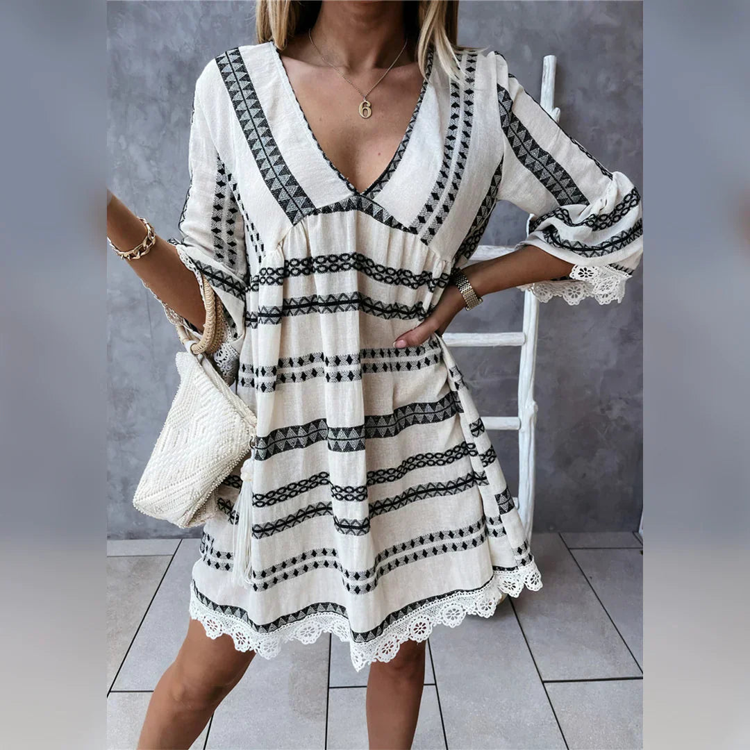 Women's Bohemian Dress - V-Neck, Flowing Fit - 3/4 Sleeve Lace Trim Casual Wear