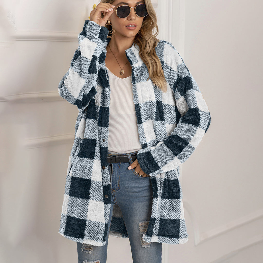 Women's plush plaid midi-length button-down coat