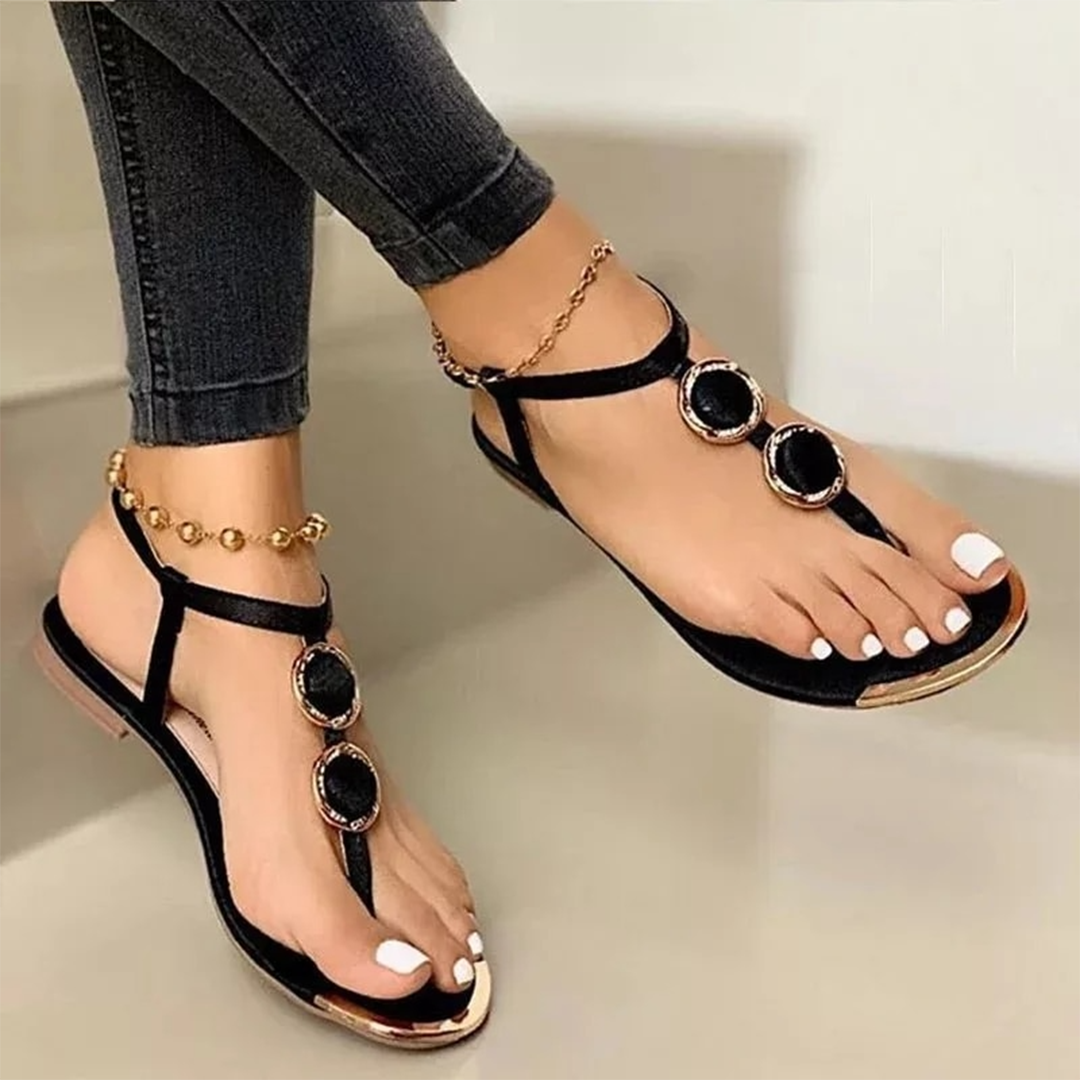 Women's Thong Sandals - Flat Sole - Embellished Straps - Casual Flip-Flop Style
