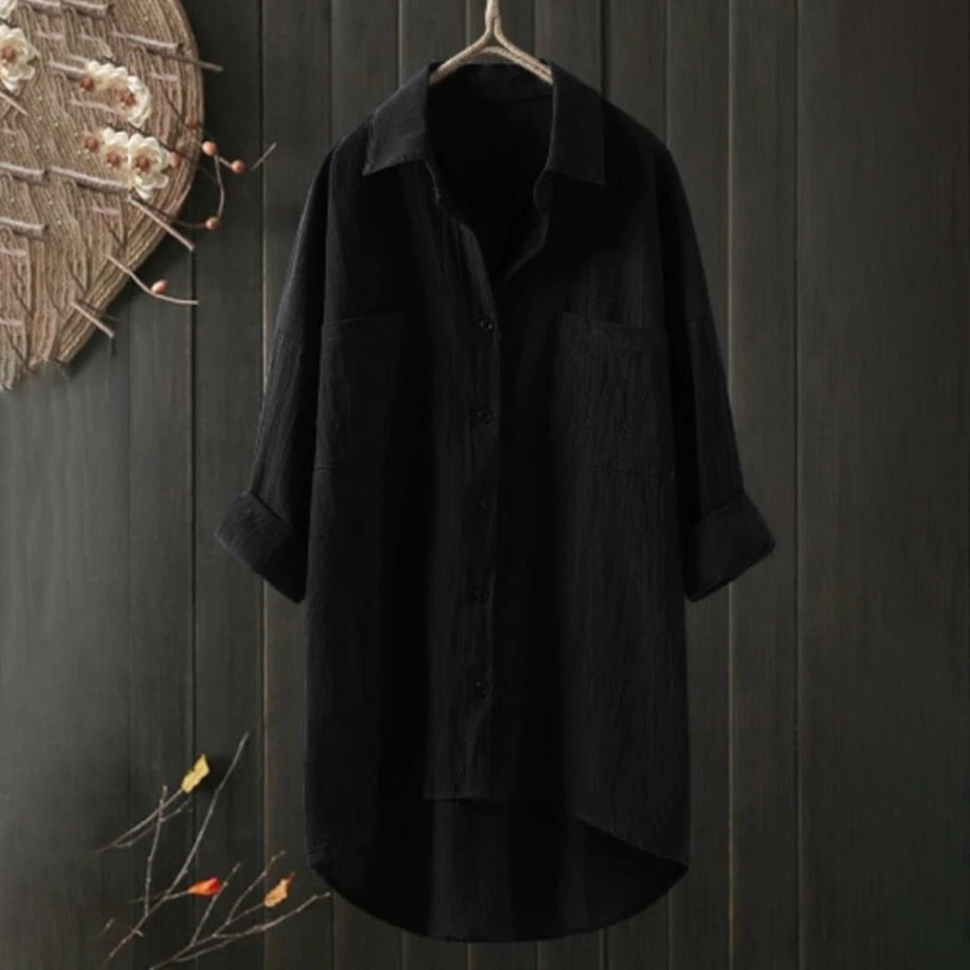 Women's Linen Button-Up Shirt - Oversized Fit - Long Sleeve - High-Low Hem - Casual Wear