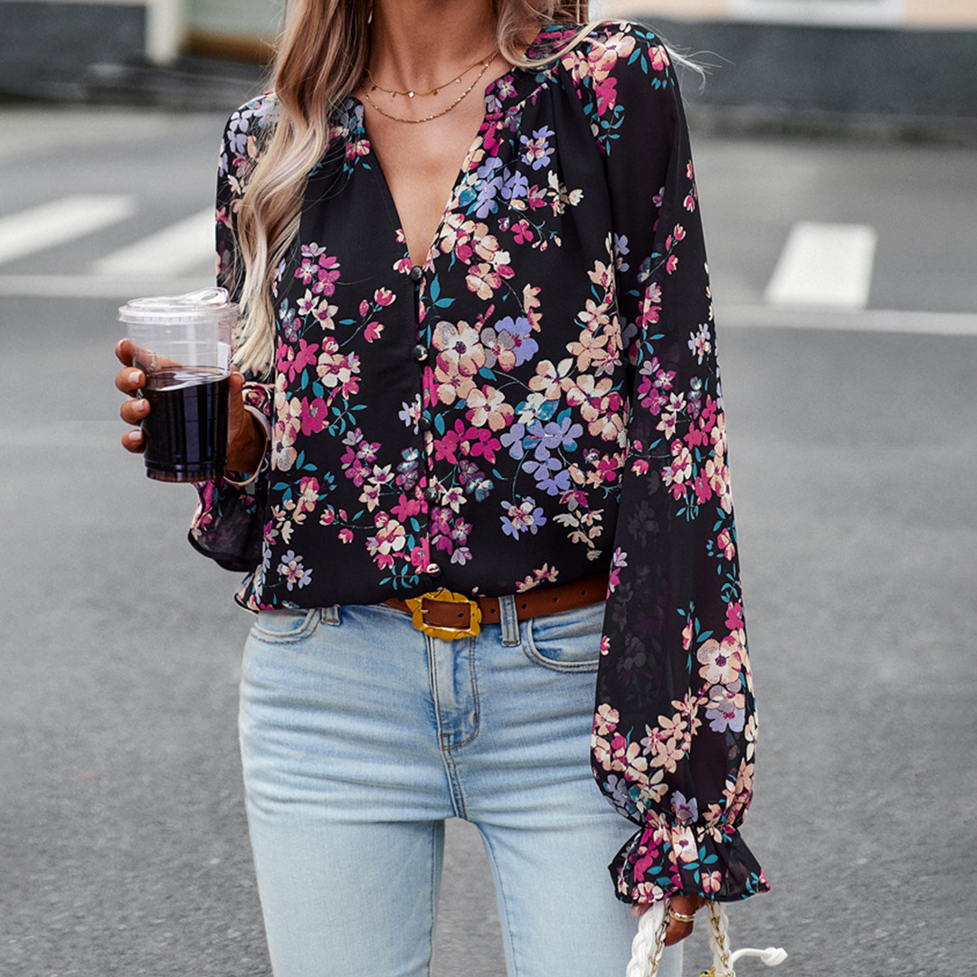Women’s Floral Blouse - V-Neck - Long Sleeve Loose Fit - Button Front Elegant Style