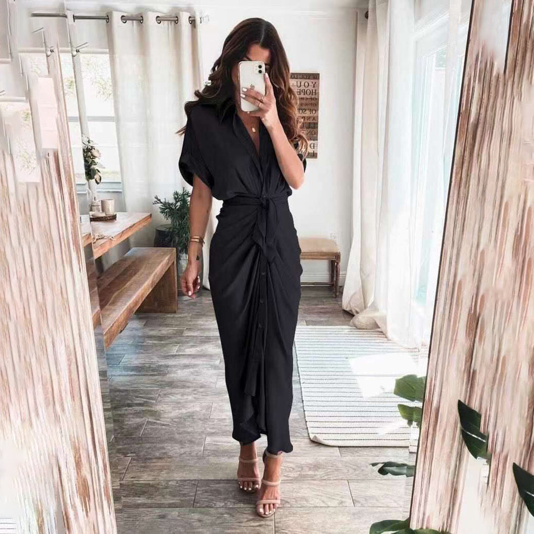 Women's Midi Wrap Dress - Button Down - Waist Tie - Short Sleeve Flowy Fit