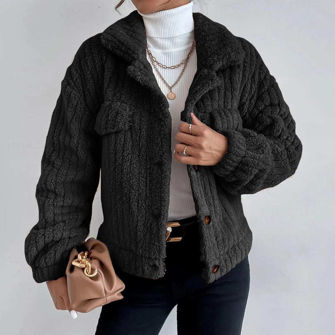Women's casual lapel plush button-down jacket with flap pockets