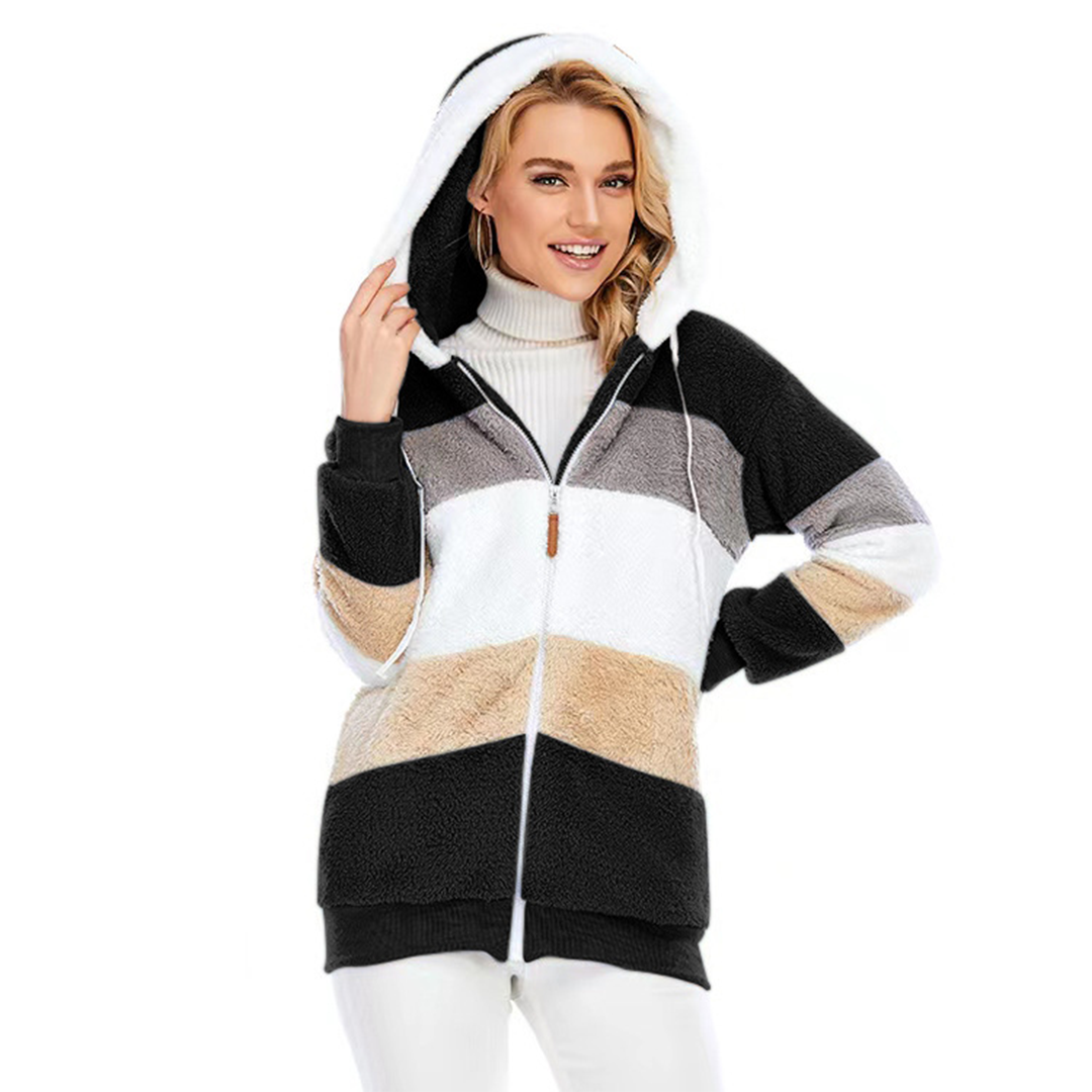 Plush hooded zipper jacket for women