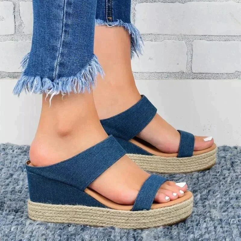 Women's Wedge Sandals - Denim Straps - Espadrille Jute Heel - Ankle Strap Comfort