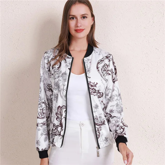 Women's Bomber Jacket - Floral Print - Relaxed Fit - Lightweight Zip-Up Casual Wear