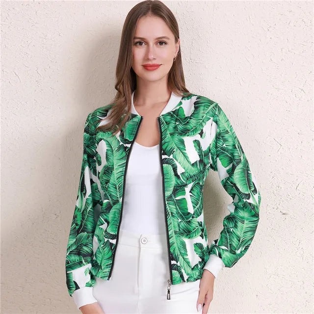 Women's Bomber Jacket - Floral Print - Relaxed Fit - Lightweight Zip-Up Casual Wear