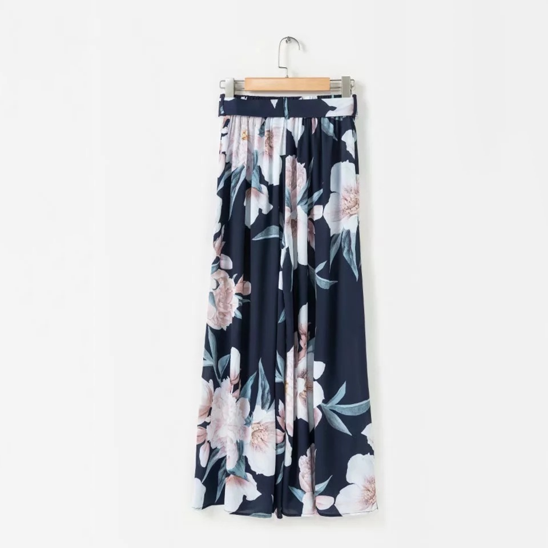 Women’s Wide-Leg Pants - High Waist Tie Belt - Flowy Palazzo Trousers - Floral Print