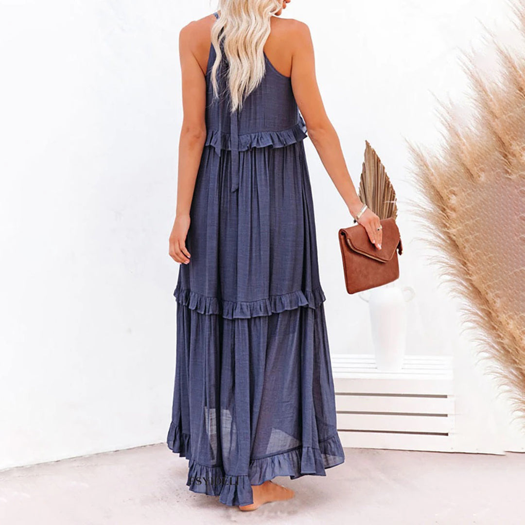 Women's Maxi Dress - Halter Neck - Flowy Fit - Ruffle Trim Elegant Full-Length