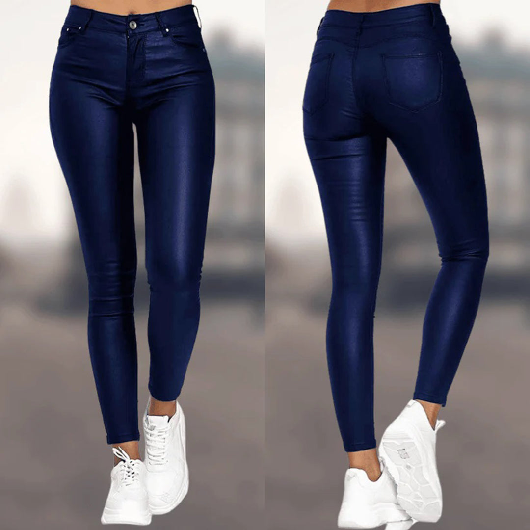 Women’s Faux Leather Leggings - High Waisted - Slim Fit - Full Length with Pockets