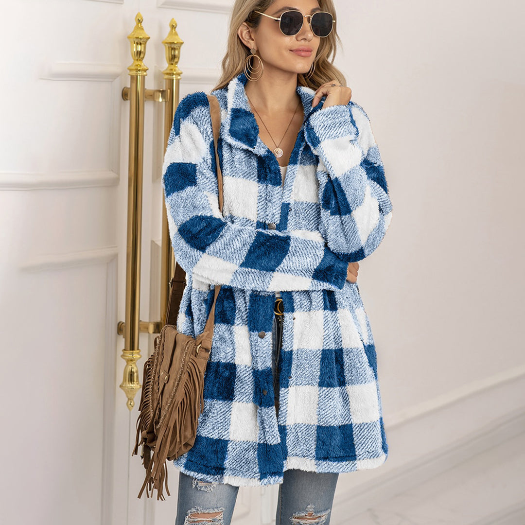 Women's plush plaid midi-length button-down coat