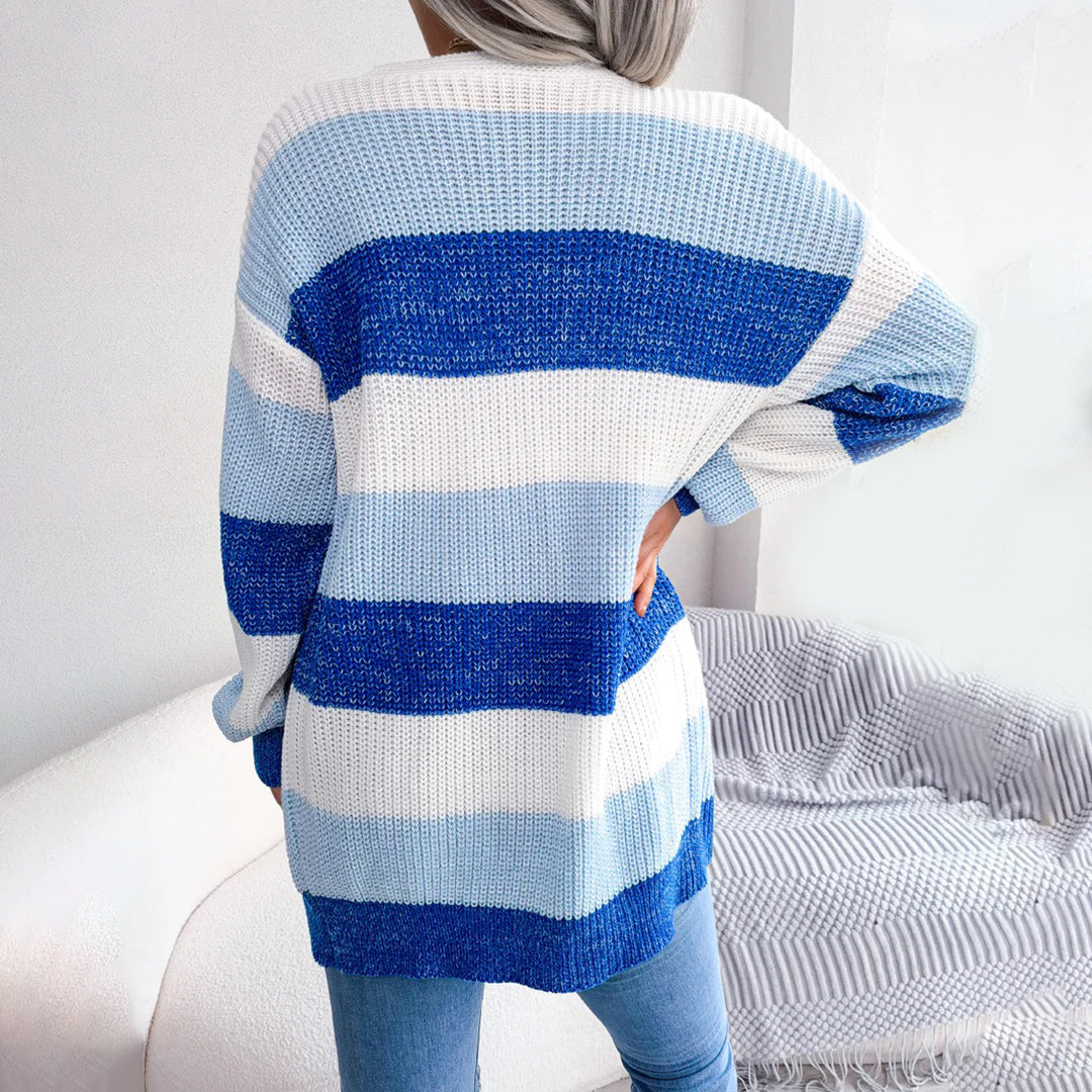 Women's autumn winter contrast color striped lantern sleeve cardigan