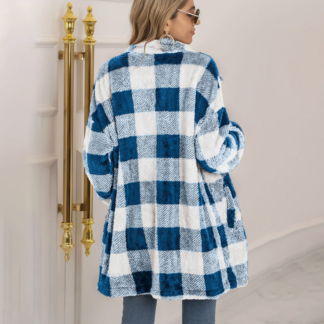 Women's plush plaid midi-length button-down coat