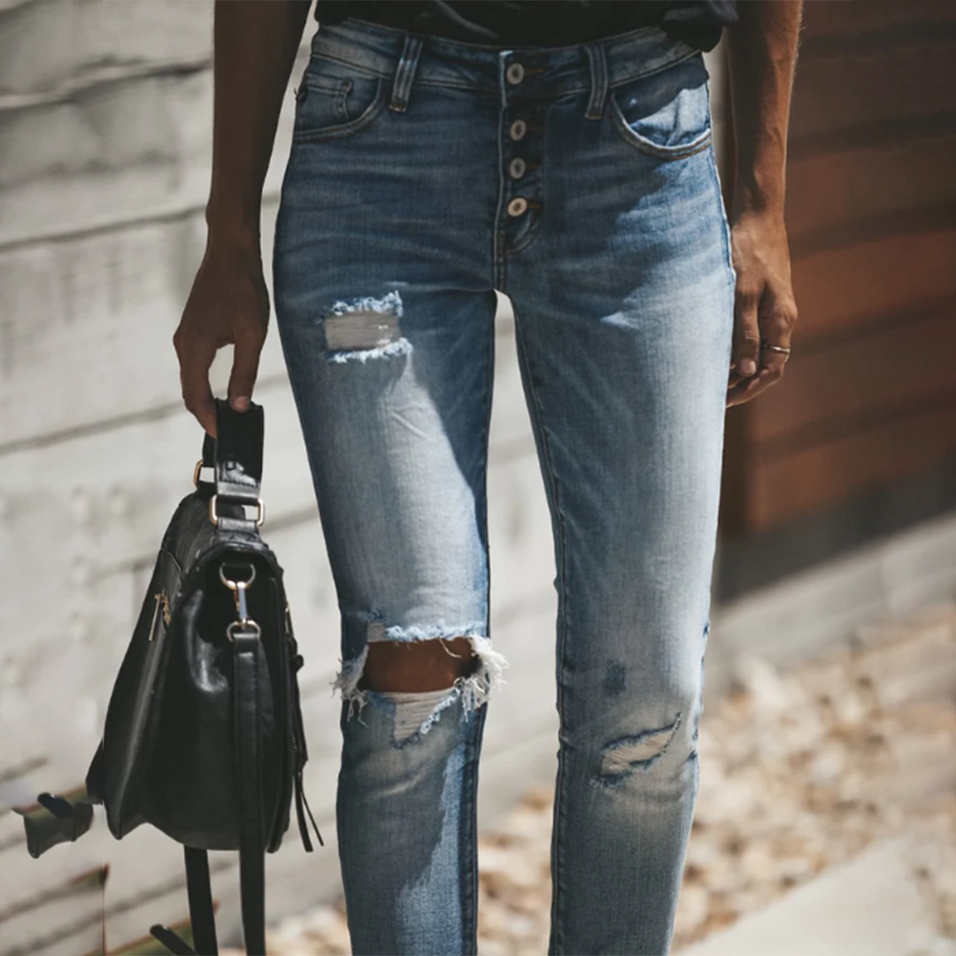 Mid-waist slim fit ripped skinny jeans for women