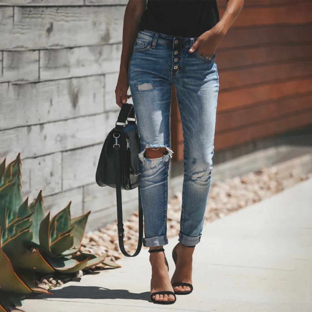 Mid-waist slim fit ripped skinny jeans for women