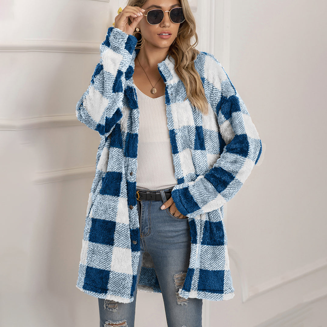 Women's plush plaid midi-length button-down coat