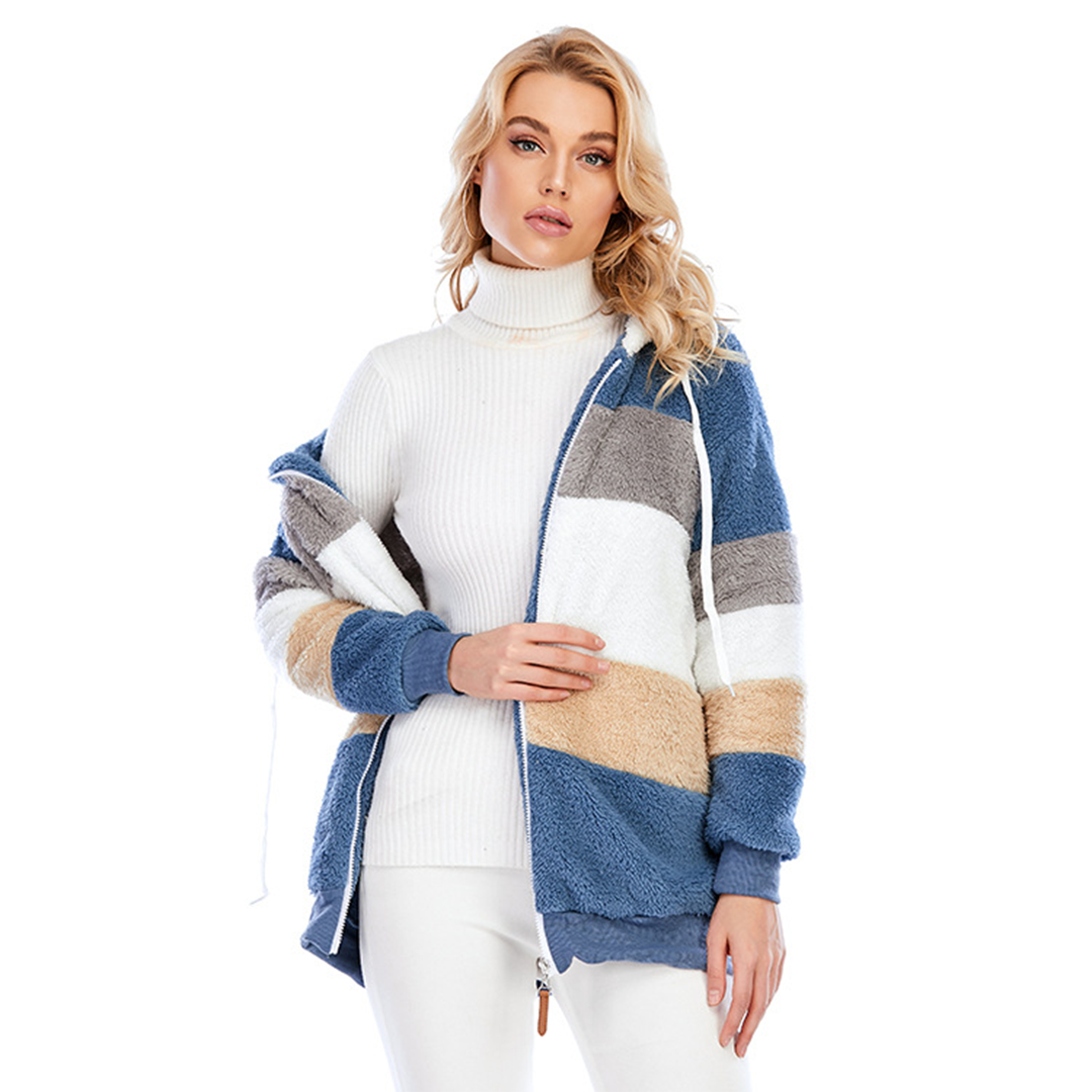 Plush hooded zipper jacket for women