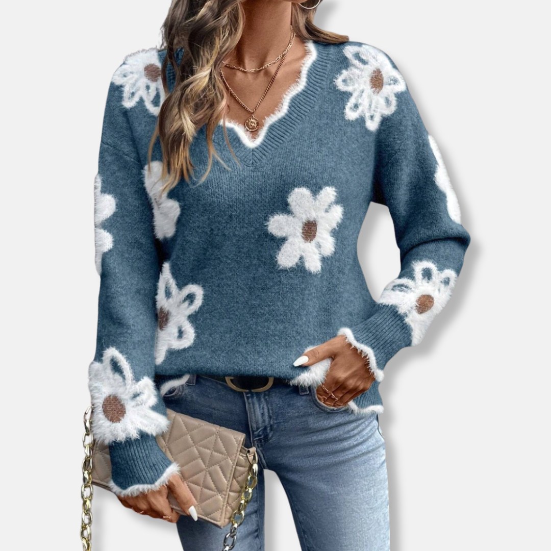 Women’s Sweater - Medium-Gauge Knit - Relaxed Fit - V-Neck - Floral Pattern