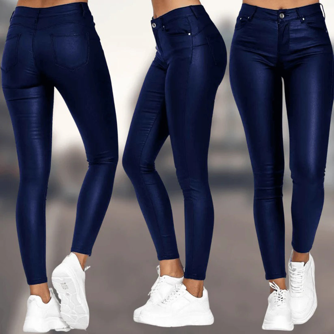 Women’s Faux Leather Leggings - High Waisted - Slim Fit - Full Length with Pockets