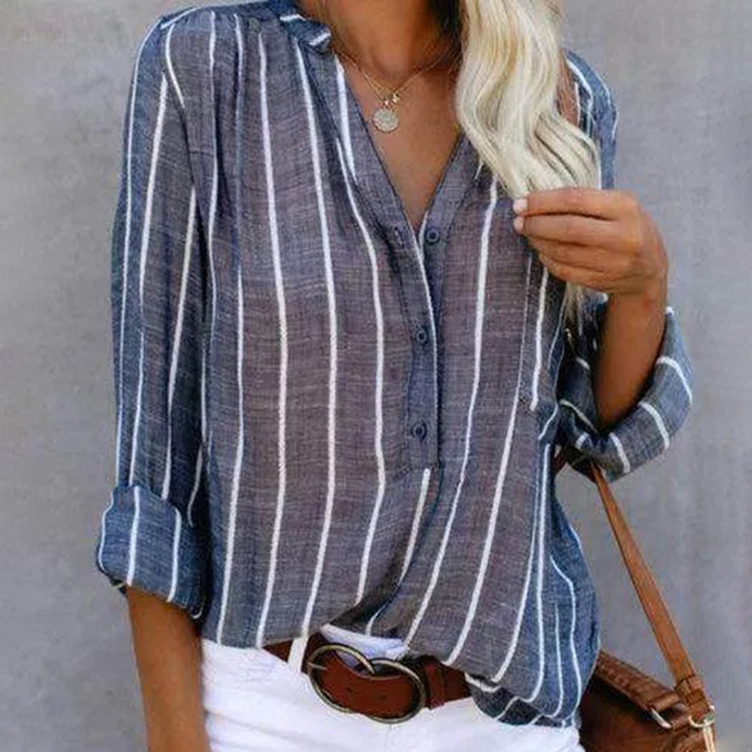 Women's Striped Blouse - V-Neck Buttoned - 3/4 Roll-Up Sleeve - Relaxed Fit