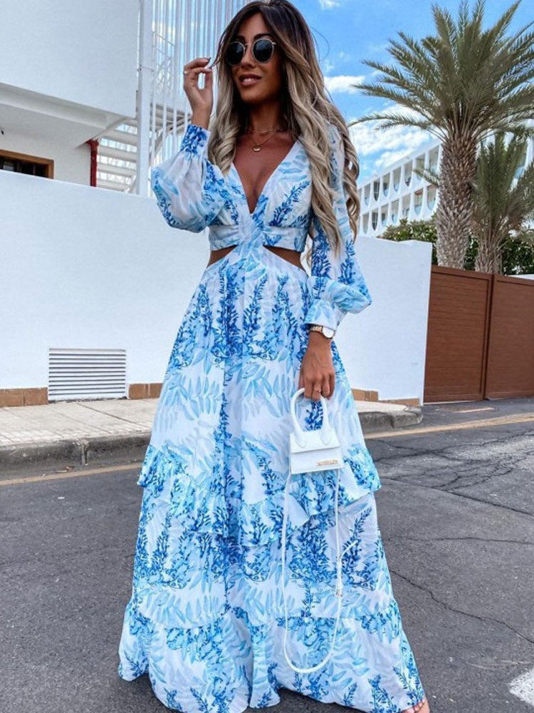 Women’s Maxi Dress - V-Neck - Long Sleeve - Waist Cut-Out - Flowy Floral Design