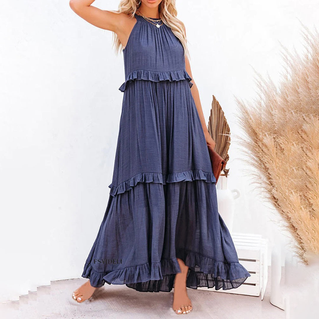 Women's Maxi Dress - Halter Neck - Flowy Fit - Ruffle Trim Elegant Full-Length