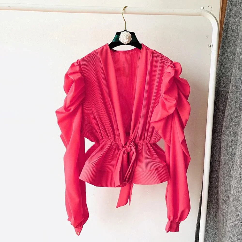 Women's Wrap Blouse - Tie Front - Puff Sleeves - Peplum Hem - Flattering Fit