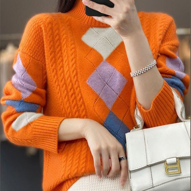 Women's bohemian orange high neck sweater
