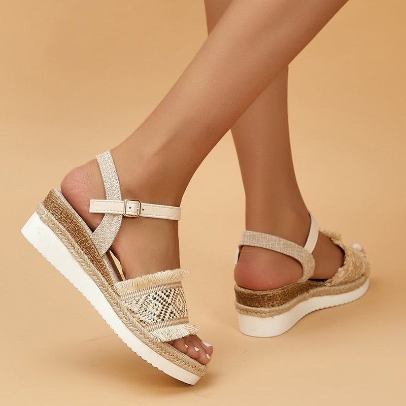 Cushioned Ankle Strap Wedge Boho Sandals