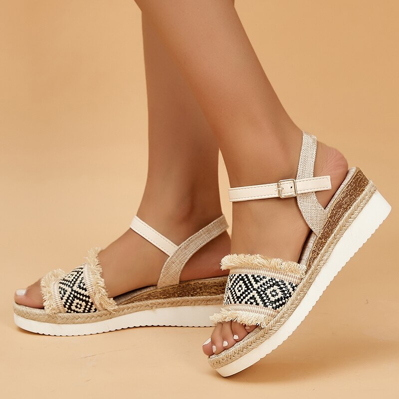 Cushioned Ankle Strap Wedge Boho Sandals