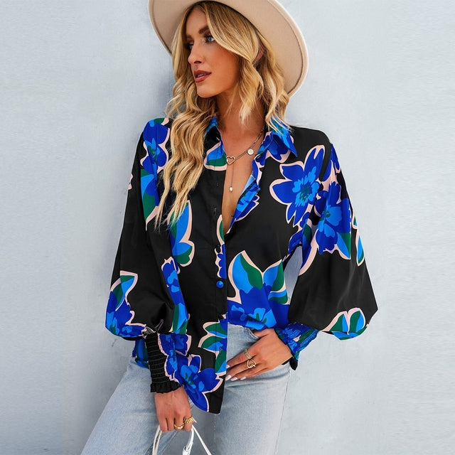 Abstract Print Puff Sleeve Blouse