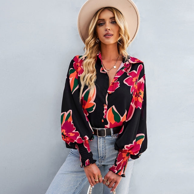 Abstract Print Puff Sleeve Blouse