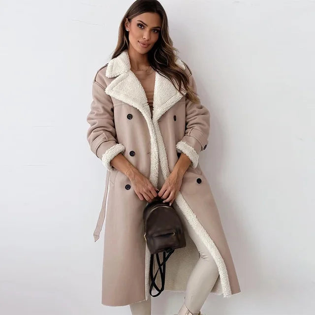 Reshen - lapel collar belted long winter coat