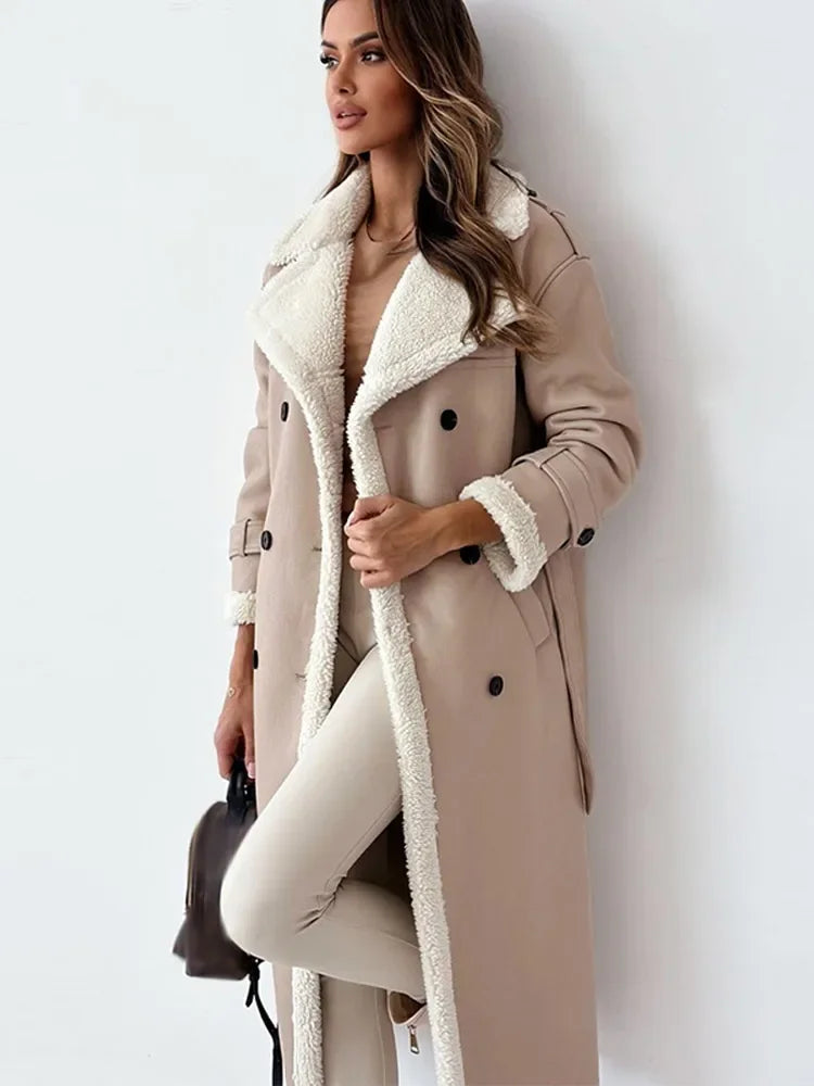 Reshen - lapel collar belted long winter coat