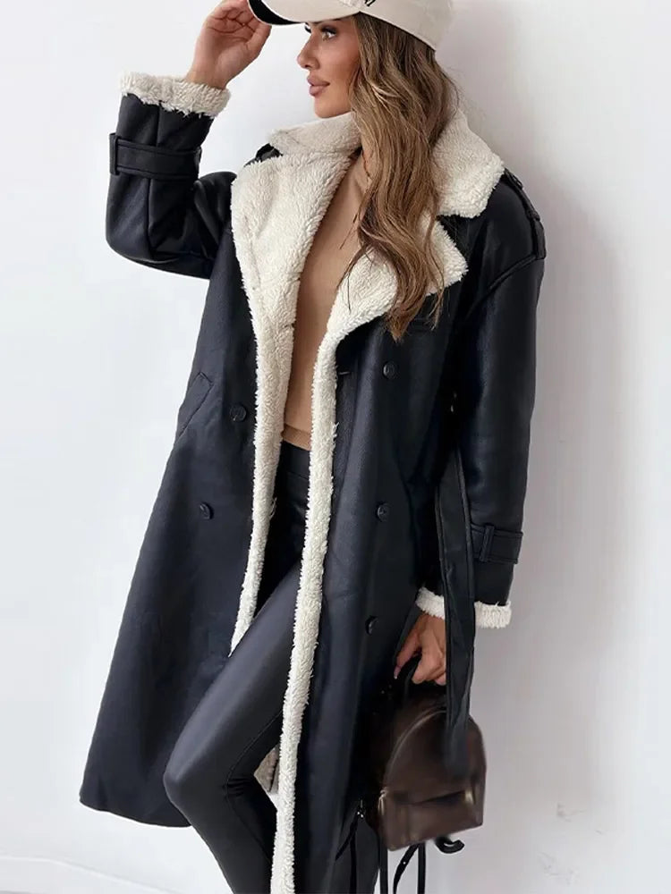 Reshen - lapel collar belted long winter coat